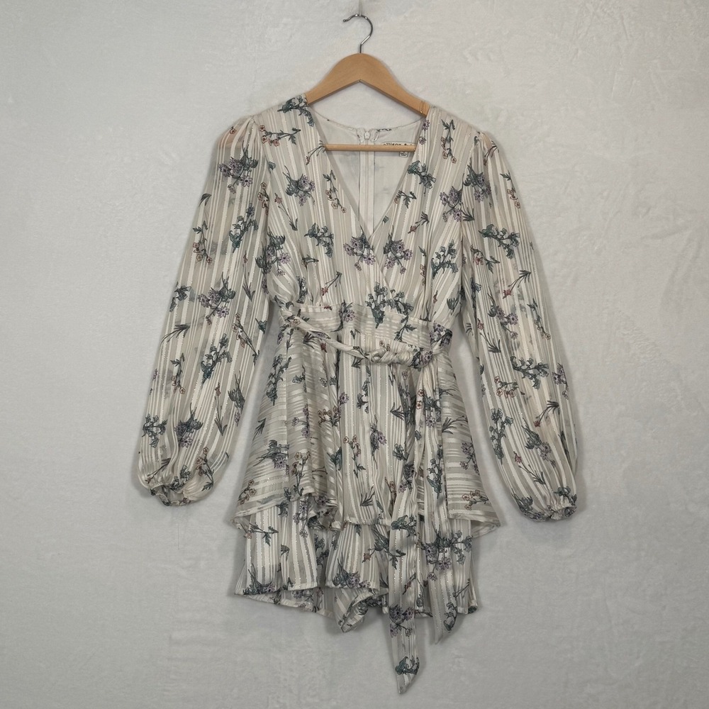 Allison & Kelly White Floral Metallic Stripe Ruffle Romper Size S